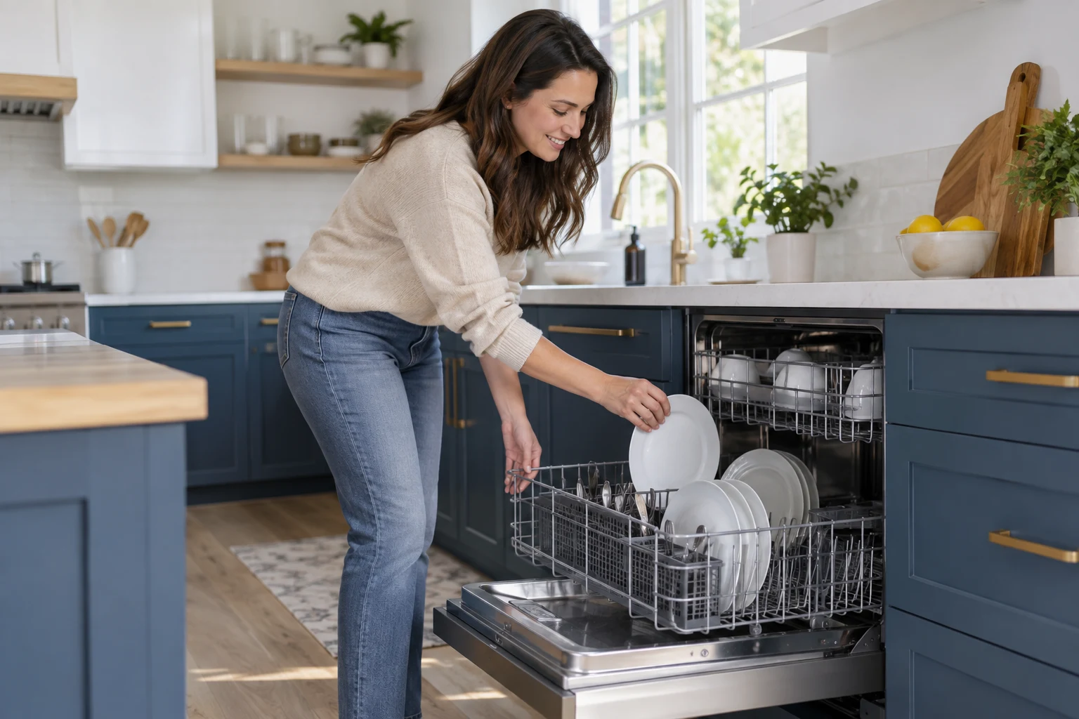 A homeowner loading a white plate into a dishwasher in a bright kitchen