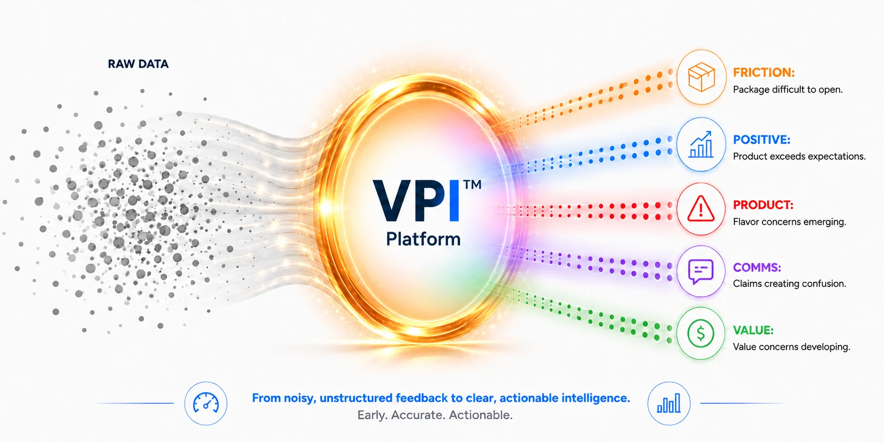 The VPI Platform transforms raw feedback into friction, positive, product, communications and value signals