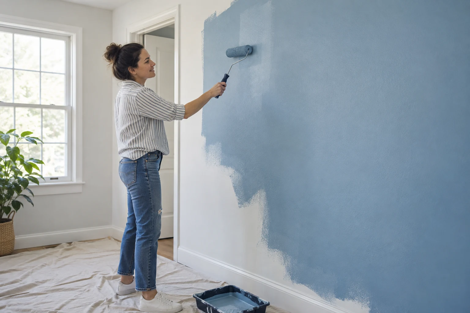 A homeowner using a paint roller to paint an interior wall blue