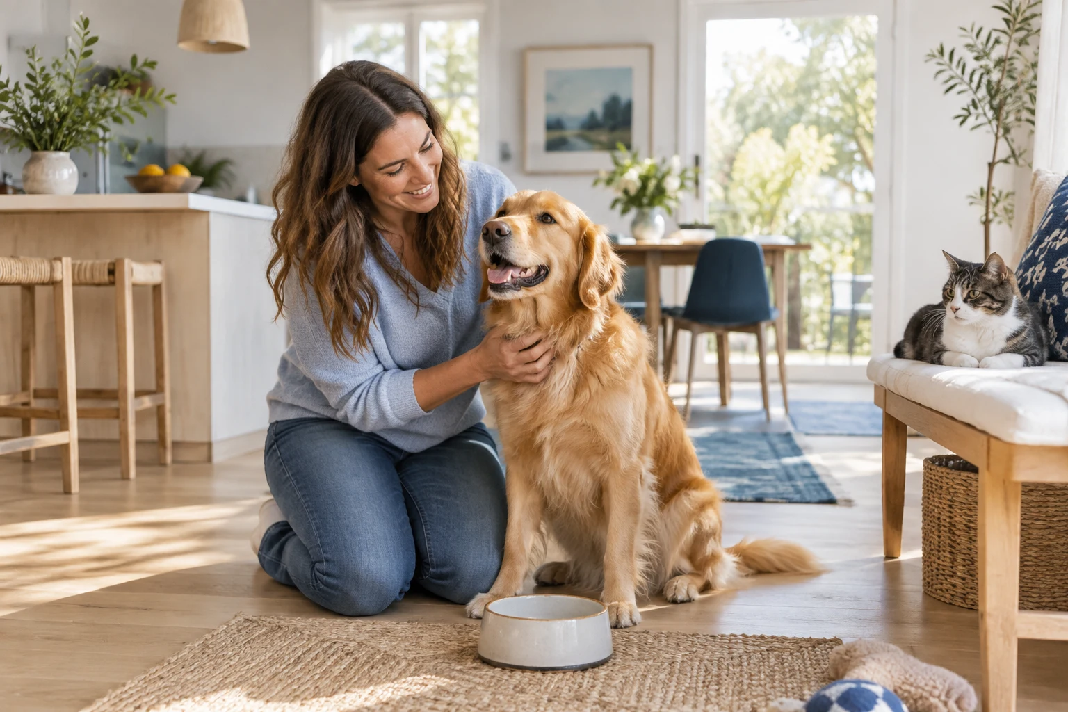 A pet owner spending time at home with a golden dog and a cat